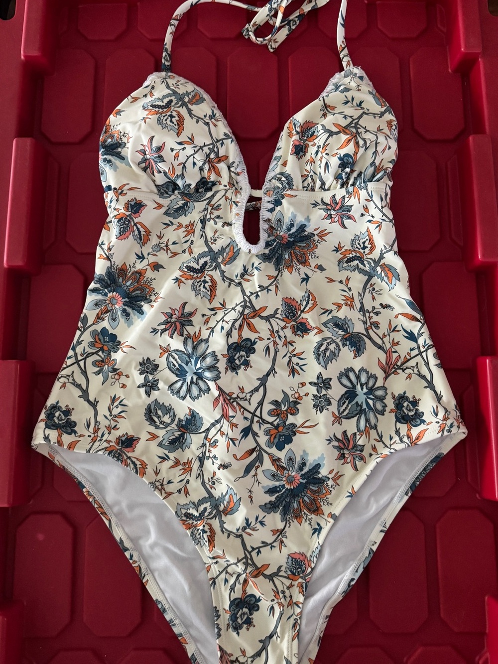 Cupshe Kids One-Piece Swimsuit in Cream with Blue & Orange Floral Print